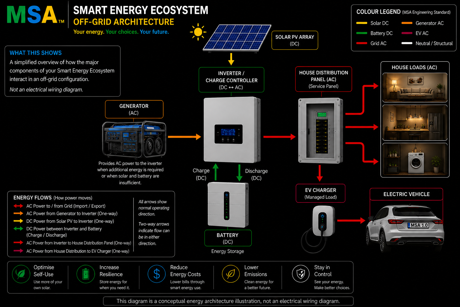 MSA Smart Energy Ecosystem off-grid architecture diagram showing solar PV, inverter, battery, generator, house distribution panel and EV charger without a utility grid connection