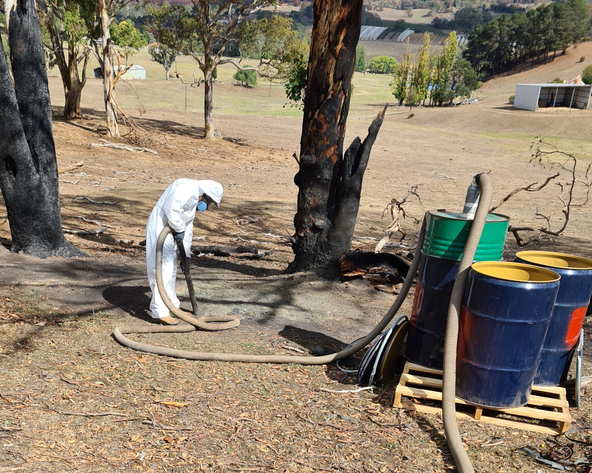 Worker in full protective suit and respirator vacuuming contaminated ash from burnt CCA-treated timber into sealed drums