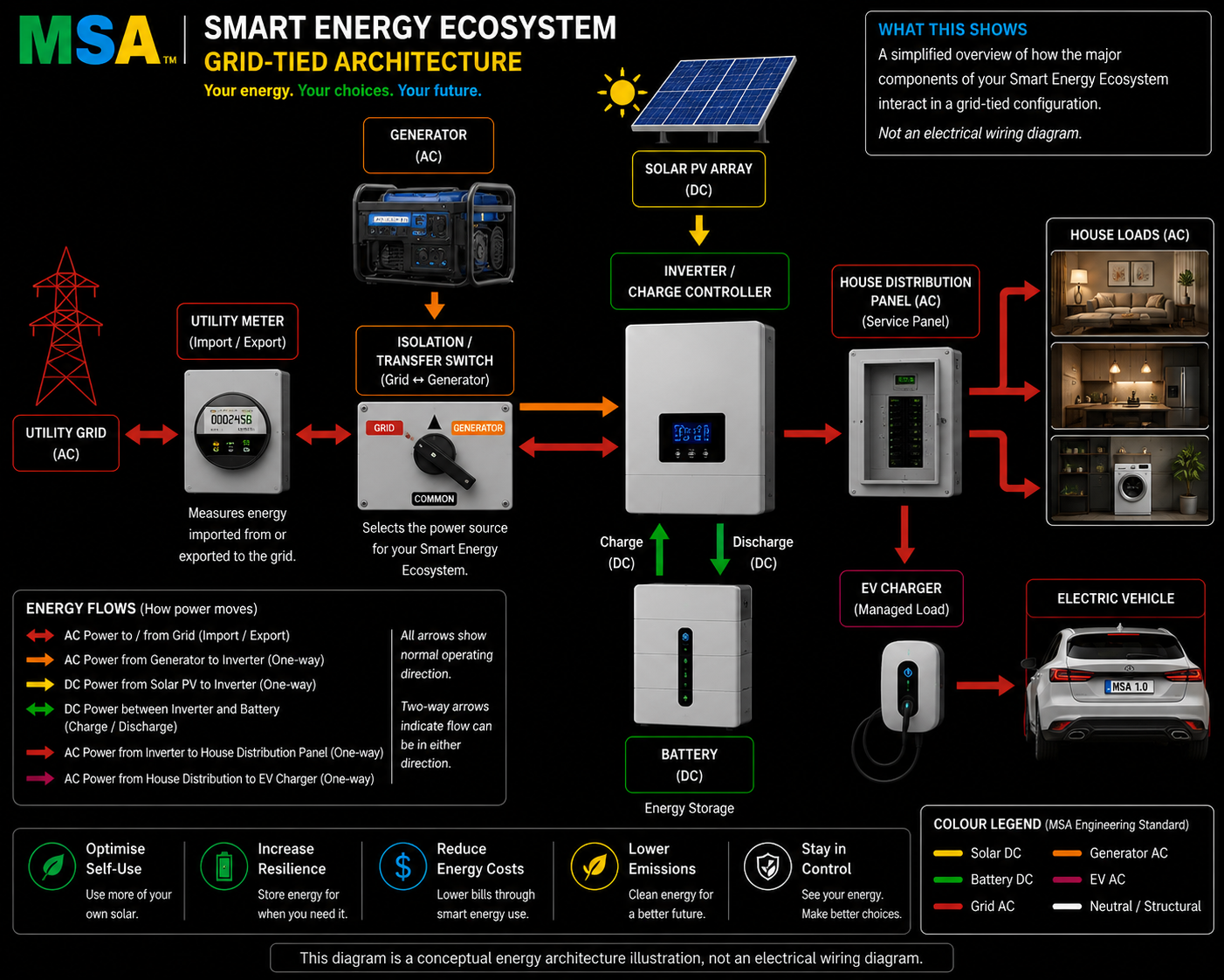MSA Smart Energy Ecosystem grid-tied architecture diagram showing solar PV, inverter, battery, generator, utility grid, house distribution panel and EV charger
